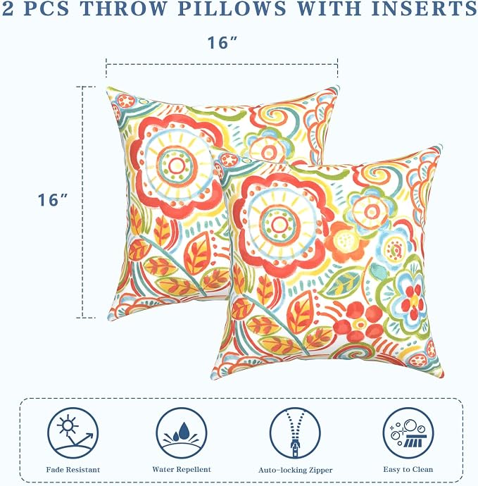 LVTXIII Outdoor Throw Pillows, Decorative Throw Pillows with Inserts, 16"x16" Square Pillows for Bed, Couch, Sofa and Patio Furniture, Set of 2, Flower Multi