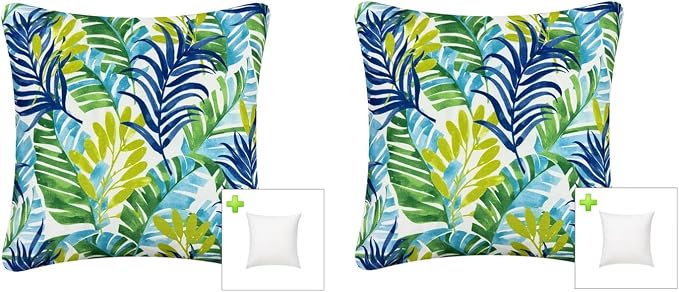 Pack of 2 Outdoor Waterproof Decorative Throw Pillows with Inserts for Patio Furniture, 18x18 Inch Square Fade Resistant Patio Garden Cushions for Couch Bed Sofa, Leaves Blue and Green
