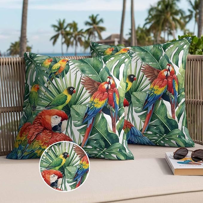 Pack of 2 Waterproof Outdoor Pillow Covers 20x20 Inch Decorative Pillow Covers Tropical Plants Throw Pillowcases Summer Rustic Monstera Palm Leaves Birds Green Outdoor Cushion Cover for Couch, Patio