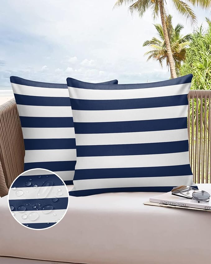 Outdoor Throw Pillow Cover Simple Navy Blue White Stripes Waterproof Cushion Covers 2 Pack Nautical Theme Stripe Pillow Cases Home Decoration for Patio Garden Couch Sofa