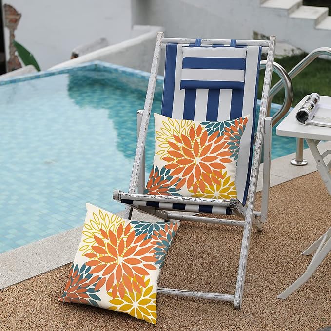 DFXSZ Outdoor Waterproof Pillow Covers 16x16 Set of 2 Orange Yellow Flower | Spring Summer Waterproof Flower Throw Pillowcases（No Inserts）Outdoor Decor for Fall Patio Funiture Garden Polyester Covers