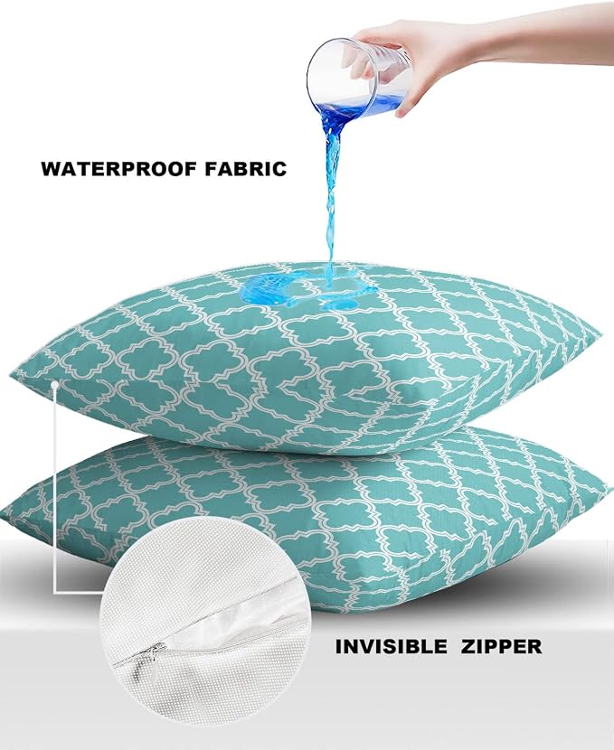 Outdoor Waterproof Pillow Covers for Patio Moroccan Pattern Decorative Throw Pillow Cover Geometric Trellis Cyan Blue Pillowcases Set of 2 Cushion Case for Sofa Couch Chair Home Decor 20x20 inch