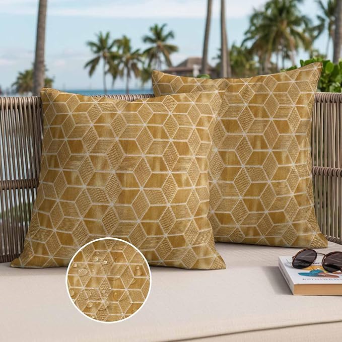 Tan Honeycomb Tiling Waterproof Outdoor Pillow Covers Set of 2 Home Decor, Wooden Grain Blocks Pillowcase Patio Pillow Covers for Couch Bench Patio Furniture Garden 18x18in