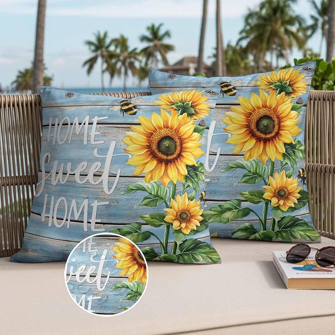 Throw Pillow Covers 16x16 Inch Set of 2, Spring Sunflower Waterproof Outdoor Pillow Covers, Bee Wooden Grain Country Rustic Decorative Cushion Pillowcases for Couch, Sofa, Bed, Garden, Patio