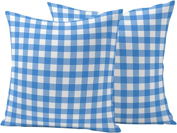 Sky Blue Checks Outdoor Pillow Covers 24"x24" Set of 2, White Gingham Plaid Abstract Modern Coastal Waterproof Throw Pillow Covers for Patio Furniture, Decorative Cushion Covers for Porch