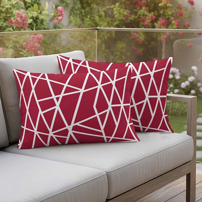 Outdoor Pillow Covers Waterproof, Red Geometric Decorative Rectangle Throw Pillowcases Patio Cushion Covers for Tent/Garden, 20" x 12" 2 Pack, Abstract Stripes Modern Minimalist