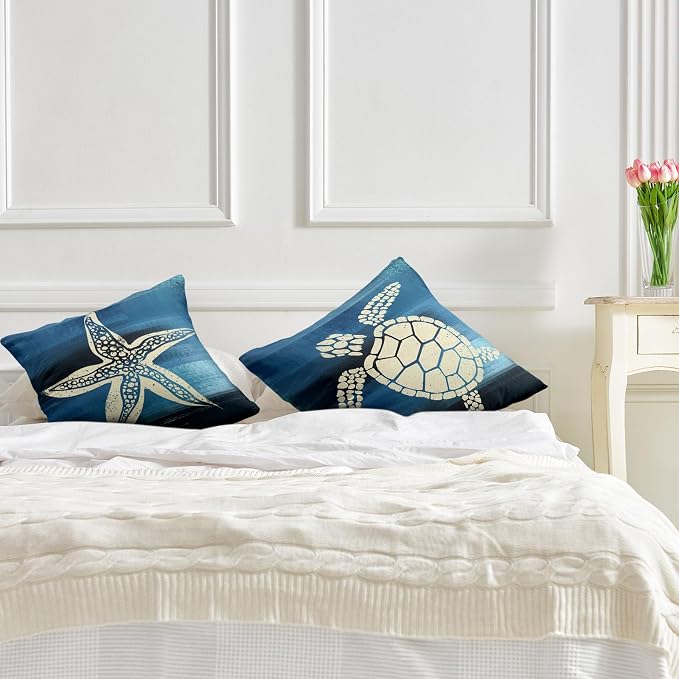 Marine Turtle Couch Pillow Covers 22x22 Pack of 2 Mediterranean Style Pillowcases Sea Animal Cushion Cases Navy Blue Throw Pillow Case for Patio Sofa Bed Decor