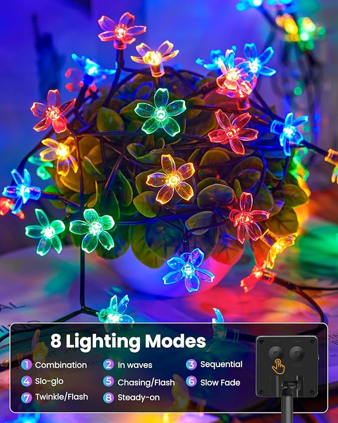 Brightown 60 LED Flower Solar String Lights Outdoor Waterproof Fairy Lights | 8 Lighting Modes & Waterproof Outdoor Lights for Garden Yard Fence Patio Christmas Tree Wedding Party Decor, Multicolor