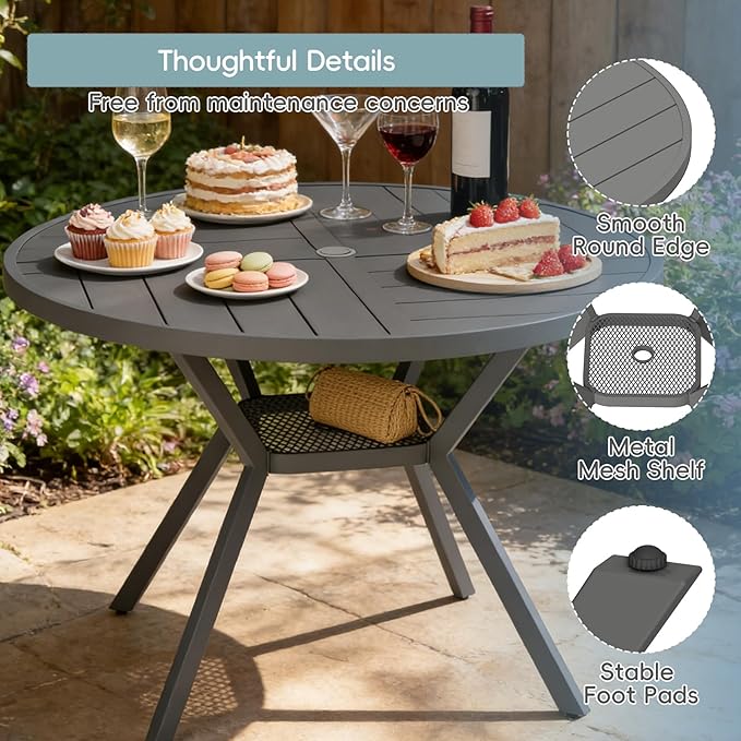 47" Outdoor Patio Table Dining Table All Weather Metal Round Patio Dining Table with Adjustable Umbrella Hole Patio Furniture for Lawn Garden Backyard, Grey