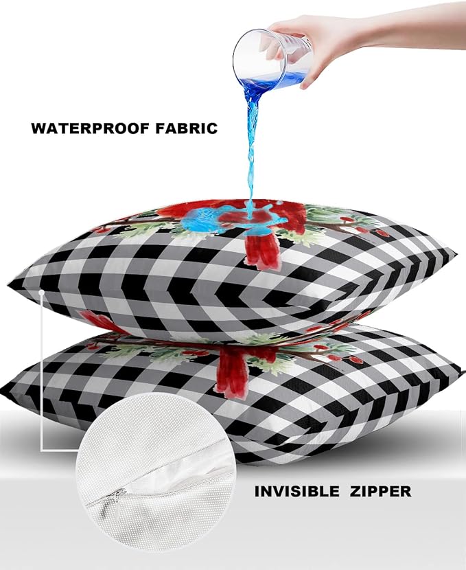 Vandarllin Christmas Outdoor Throw Pillows Covers 20X20 Set of 2 Waterproof Red Cardinals Decorative Zippered Lumbar Cushion Covers for Patio Furniture, White Black Buffalo Check Plaid