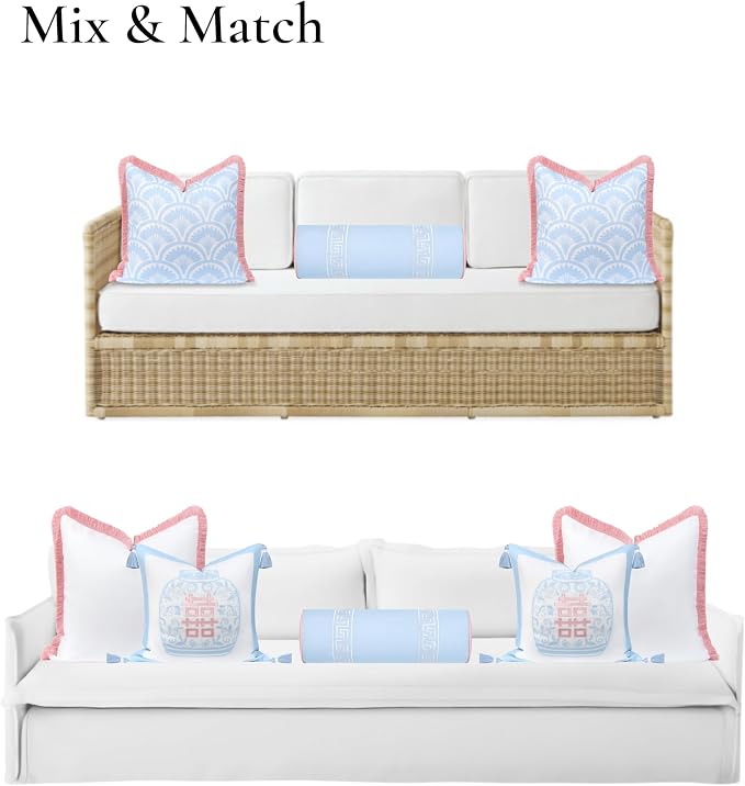 Hofdeco Premium Coastal Grandmillennial Patio Indoor Outdoor Bolster Pillow Cover Only, 8"x24" Water Repellent for Backyard, Couch, Poolside, Baby Blue Pink Embroidered Greek Key