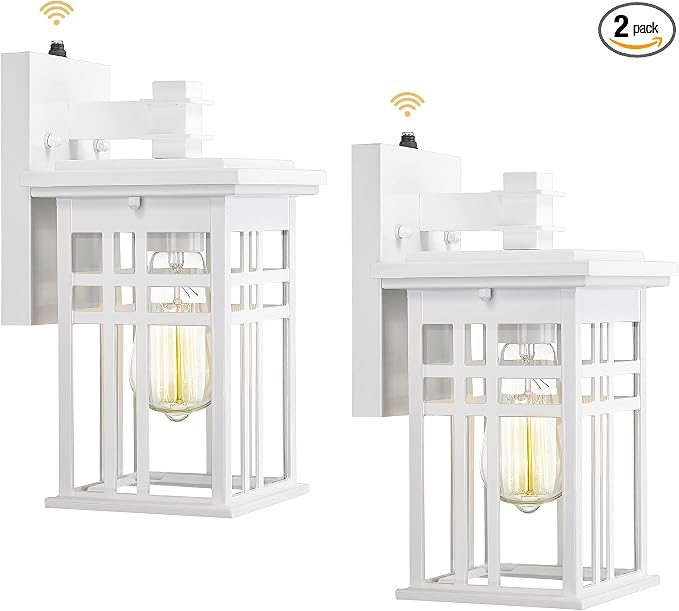 Dusk to Dawn Outdoor Wall Light 2 Pack - HWH Exterior Wall Sconce Light Fixture, Outdoor Porch Light Wall Lamp for Garage, Doorway, Balcony, Garden, Glossy White Finish, 5HD27B-PC-2PK WH