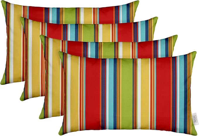 RSH Decor Lumbar Set of 4, 20" x 12", Outdoor Pillows for Patio Furniture, Outdoor Pillows Waterproof, All-Weather Spun Polyester for Patio Furnitures, Bright Stripes, Made in USA
