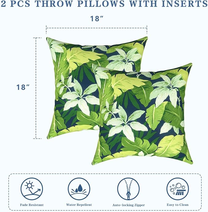 LVTXIII 2 Pack Outdoor Pillows 18x18 Inch, Square Throw Pillows with Inserts, Decorative Water-Repellent Pillow Cushions for Patio Furniture and Garden Sofa, Jungle Leaves