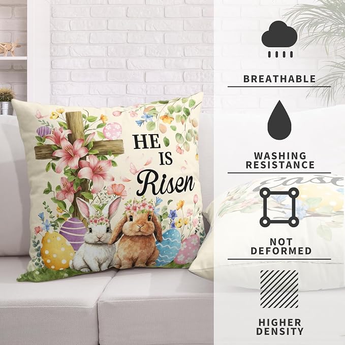 Happy Easter Throw Pillow Covers He is Risen Floral Cross Pillow Covers Spring Easter Bunny Pillow Cases 20x20 Set of 2 Colorful Eggs Rabbit Cushion Cases for Home Sofa Couch