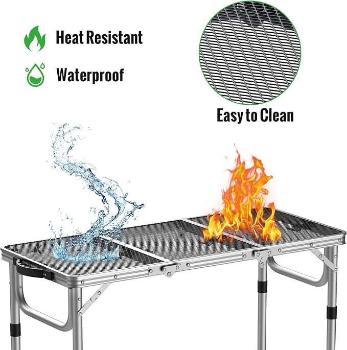 GARLLEN Folding Grill Table, 3 Adjustable Height Portable BBQ Table with Heat-Resistant Mesh Tabletop, Lightweight Aluminum Camping Tables for Outdoor, Grill, Picnic, 34.2" L x 15.7" W, Silver