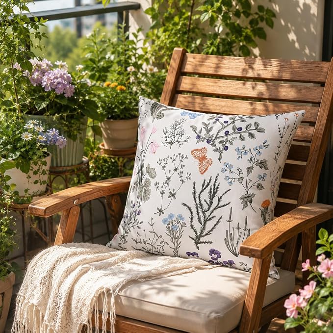 Pyonic Waterproof Outdoor Pillow Covers 18x18 Inch Set of 2 Sage Green Wild Flower Plant Butterfly Outdoor Pillows for Patio Furniture Porch Chair Spring Summer Decoration for Home