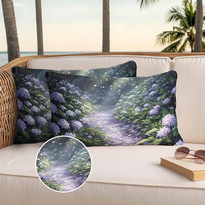 Purple Floral Outdoor Waterproof Throw Pillow Covers Set of 2, 20"x12", Spring Landscape Scenery Nature Decorative Pillow Covers Outside Cushion Case for Patio Porch Garden