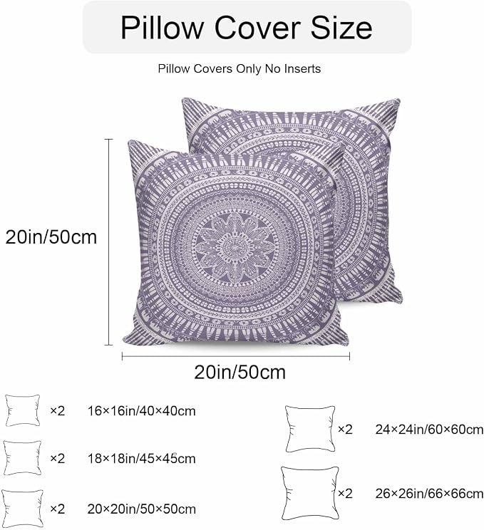 Vandarllin Outdoor Throw Pillows Covers 26x26 inch Set of 2 Waterproof Purple Boho Decorative Zippered Cushion Covers for Patio Furniture, Bohemian Floral Geometric Lumbar Pillowcases