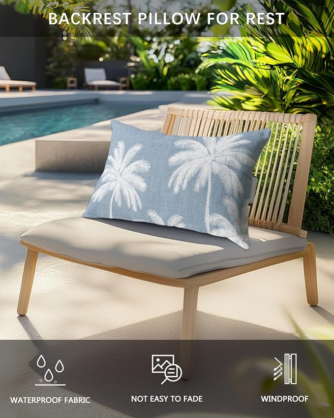 Pack of 4 Outdoor Lumbar Pillow Covers 12x20 Inch, Light Blue Palm Trees Waterproof Throw Pillow Covers Set, Farmhouse Tropical Summer Beach Indoor&Outdoor Decorative Cushion Cases for Patio Porch Car