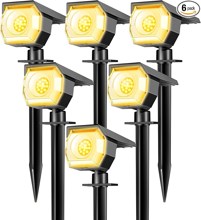 6 Pack Solar Spot Lights Outdoor Waterproof, Landscape Spotlights | Warm White, Solar Powered, Auto On/Off, Lighting for Outside Pathway Yard Lawn Flag Garden Walkway Pathway