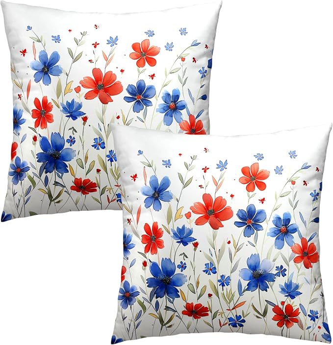 4th of July Pillow Covers 20x20 Set of 2 - Watercolor Flower Poppy Patriotic Decorative Square Cushion Cover Soft Cotton Linen Pillowcase for Couch Bed Sofa Room Decor