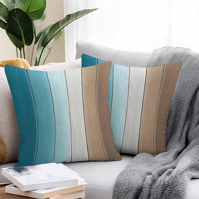Throw Pillow Covers 20x20 Inch Set of 2, Teal Brown Ombre Waterproof Outdoor Cushion Covers, Vintage Country Wooden Decorative Pillowcases for Couch, Sofa, Bed, Garden, Patio