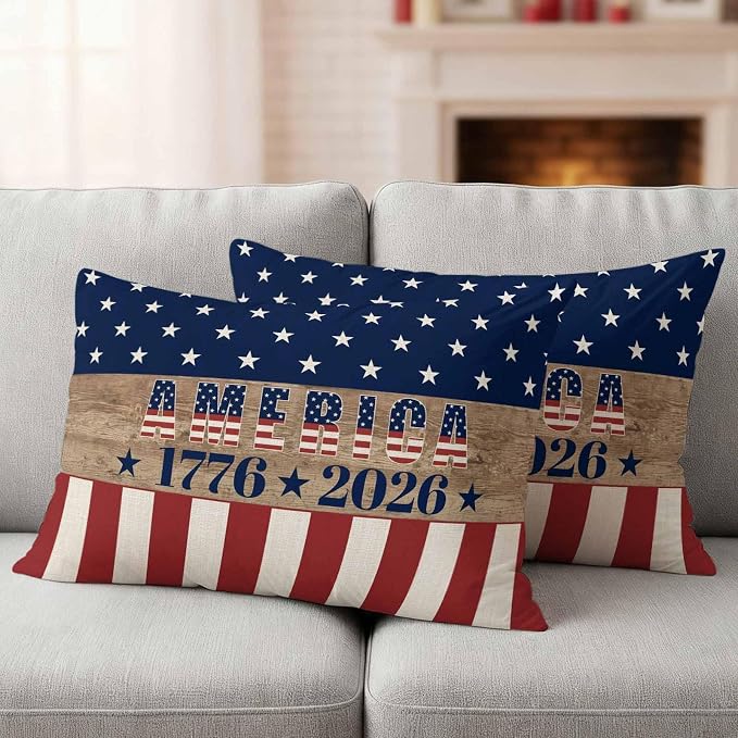 250th Anniversary Outdoor Pillow Covers 20"x12" Set of 2, Waterproof Throw Pillow Covers for Patio Furniture, USA Flag Red Striped Blue Star Retro Decorative Cushion Covers for Porch