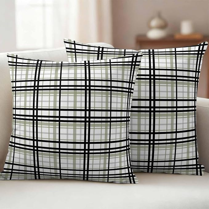 Abstract Stripes Outdoor Pillow Covers Set of 2 Sage Green Black Grey Plaid Waterproof Throw Pillow Cover Decorative Cushion Cases for Patio Porch Garden 24X24 Inch