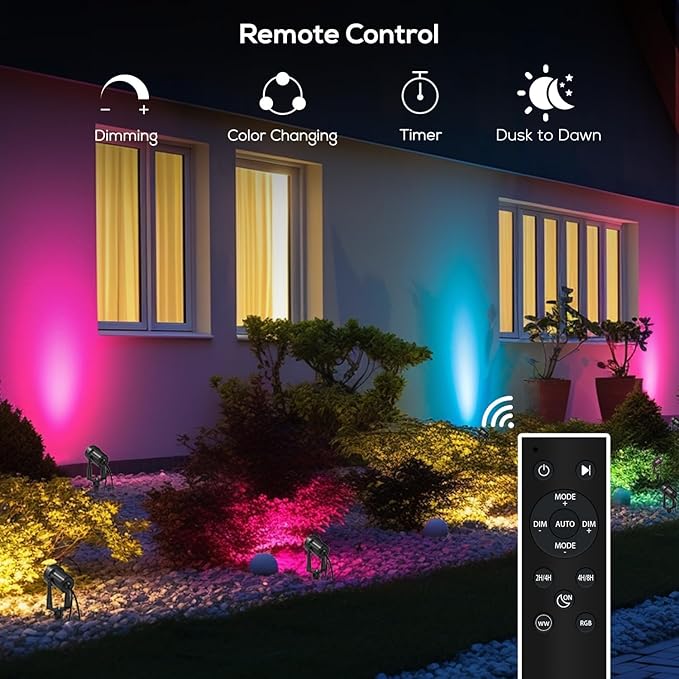 SUNTHIN 10 Pack Outdoor RGBW Landscape Lights, Color Changing Spot Uplights | Dusk to Dawn Sensor Controller with Remote, IP65 Waterproof Outdoor LED Yard Lights for Garden, Trees & Pathway