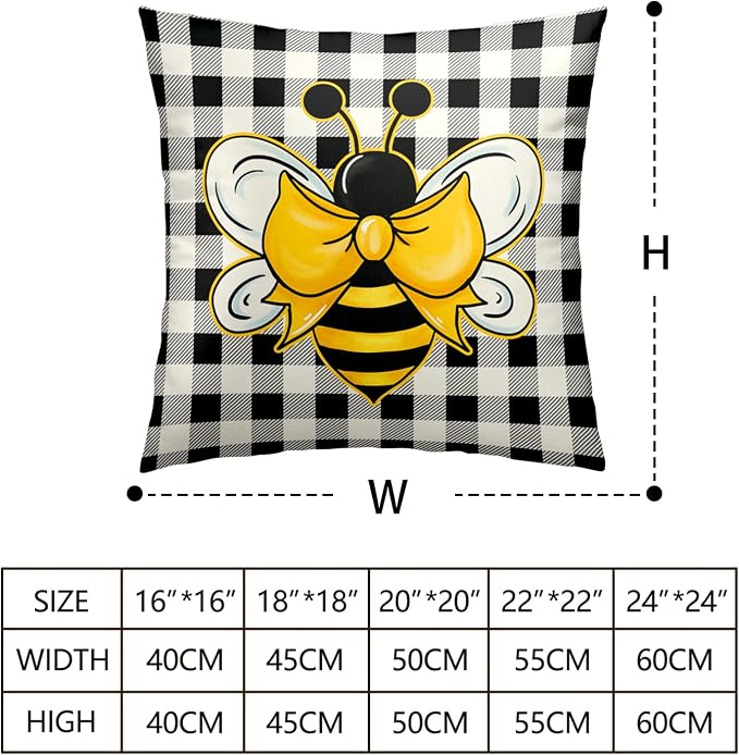 2 Pack Bee Themed Decor Pillow Covers 22x22 Black and White Plaid Throw Pillow Covers Spring Summer Pillowcase Soft Touch Cotton Blend Farmhouse Decor for Indoor Sofa Bed