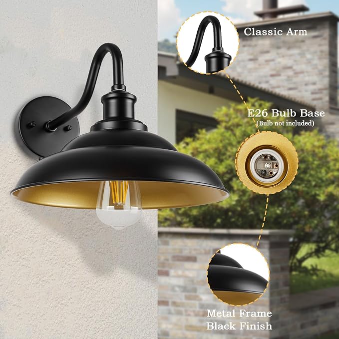 Outdoor Barn Light, 12'' Farmhouse Exterior Wall Mount Light, Outdoor Indoor Wall Sconce, Exterior Porch Lighting Fixture, Industrial Black Lantern for Entry Garage, 2 Pack