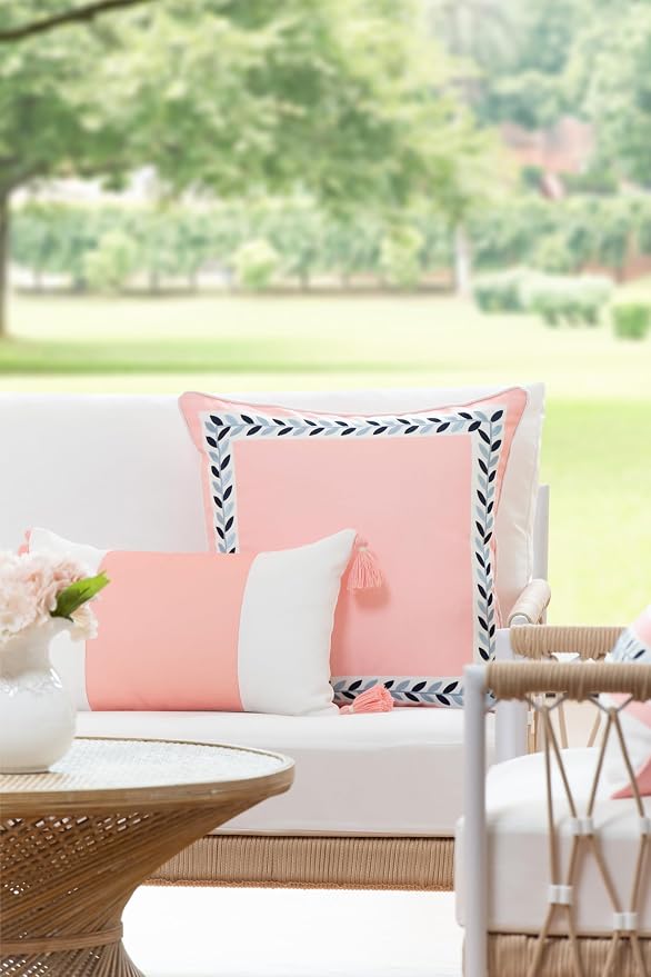 Hofdeco Premium Coastal Patio Indoor Outdoor Lumbar Pillow Cover Only, 12"x20" Water Repellent for Backyard, Couch, Blush Pink Color Block with Tassels