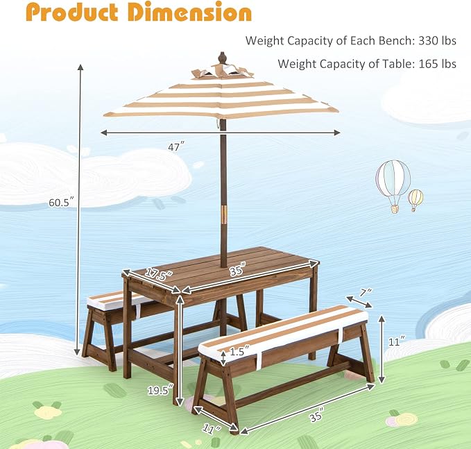 KOTEK Kids Picnic Table with Umbrella Foldable, Backyard Wooden Table & Bench Set w/Removable Cushions, Activity Art Play Table, Indoor Outdoor Toddler Picnic Table for Patio, Lawn & Garden (Brown)