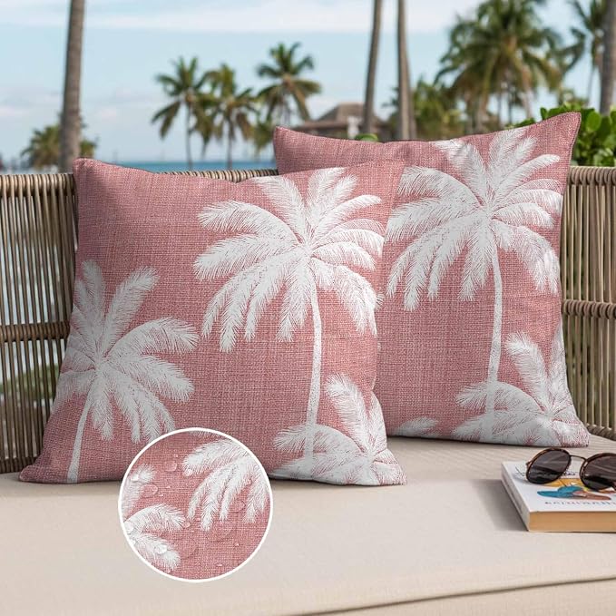 Outdoor Pillow Covers 20x20 Inch Set of 2, Pink Palm Trees Waterproof Throw Pillow Covers, Farmhouse Tropical Summer Beach Decorative Cushion Pillowcases for Couch, Sofa, Bed, Garden, Patio