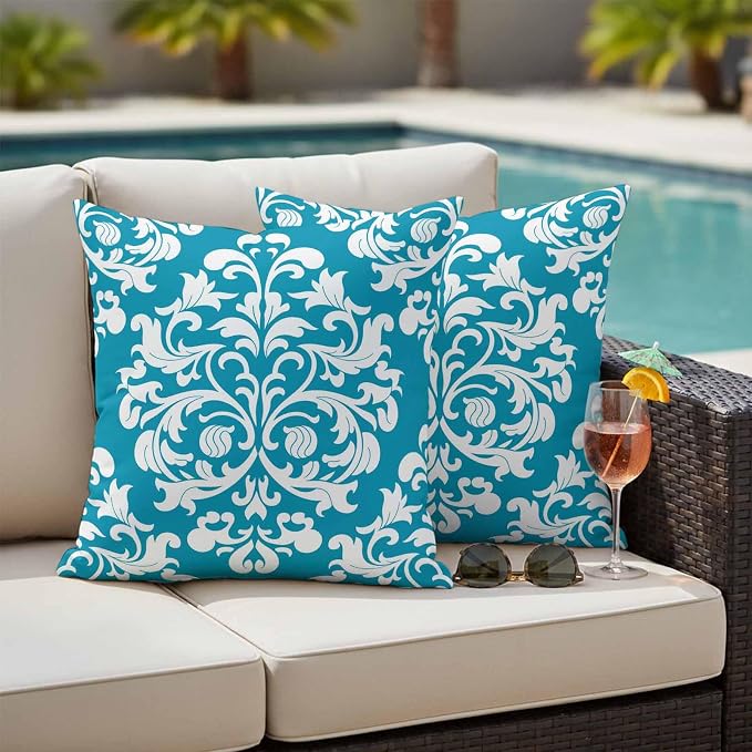 Outdoor Waterproof Pillow Covers for Patio Vintage Floral Teal Decorative Throw Pillow Cover Rustic Pillowcases Set of 2 Cushion Case for Sofa Couch Chair 20x20 Inch