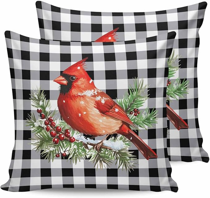 Vandarllin Christmas Outdoor Throw Pillows Covers 26X26 Set of 2 Waterproof Red Cardinals Decorative Zippered Lumbar Cushion Covers for Patio Furniture, White Black Buffalo Check Plaid