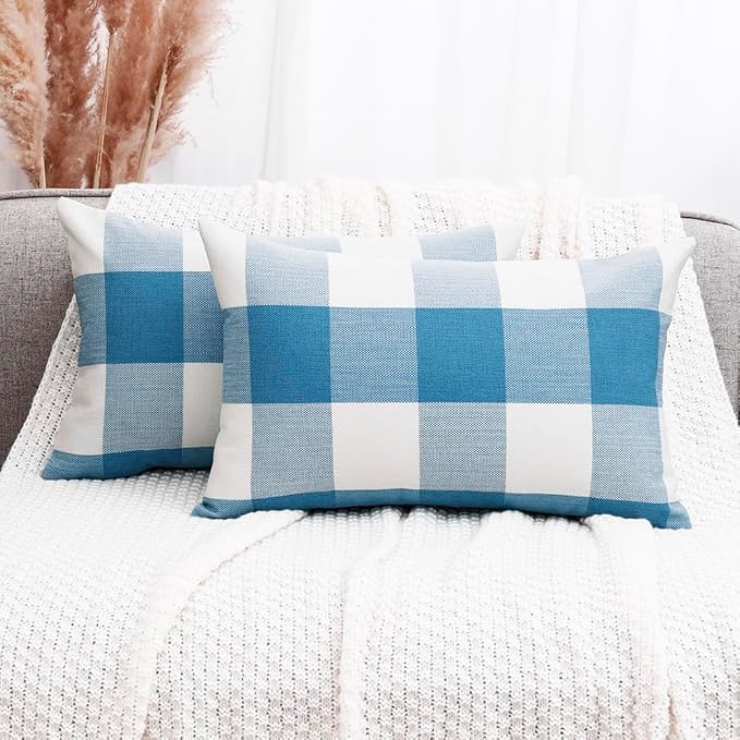 CARRIE HOME Light Blue and White Buffalo Check Plaid Lumbar Pillow Covers 12x20 Set of 2, Light Blue Checkered Summer Outdoor Lumbar Pillows, Lake Blue Couch Pillows Also for Patio Furniture