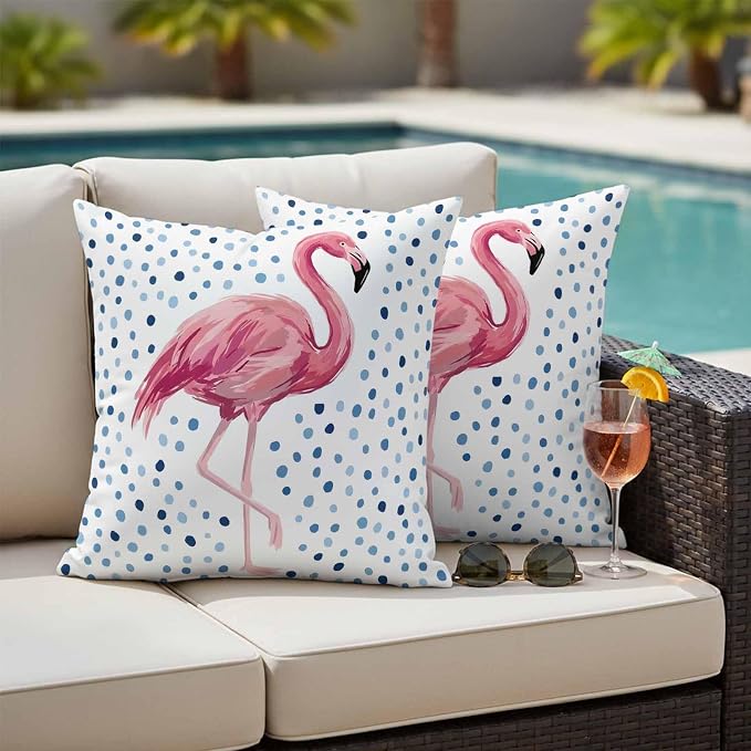 Flamingo Outdoor Waterproof Throw Pillow Covers 24 x 24 Inches Set of 2 Art Flamingo Blue Polka Dots Summer Tropical Decorative Cushion Cover Pillowcase for Garden Patio Tent Beach Sofa Couch