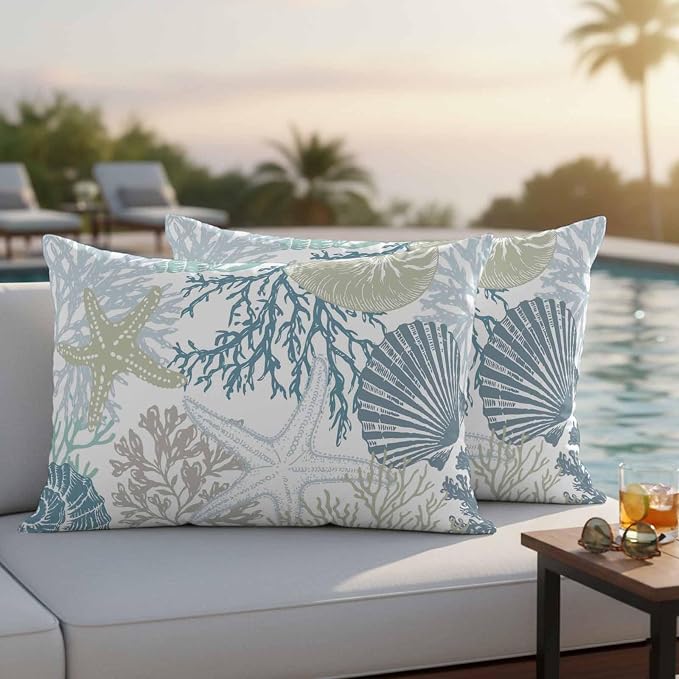 Blue Coral Coastal Waterproof Outdoor Pillow Covers 20''x12'' Set of 2, Starfish Conch Patio Furniture Summer Cushion Covers for Chairs, Decorative Beach Ocean Pillow Cases for Garden/Pool/Beach