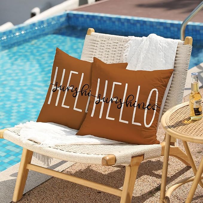 DFXSZ Rust Outdoor Waterproof Pillow Covers 18x18 Set of 2 | Hello Sunshine Decor Summer Fall Polyester Pillow Covers(NO INSERTS)| Decor for Patio Funiture Garden Sofa Couch