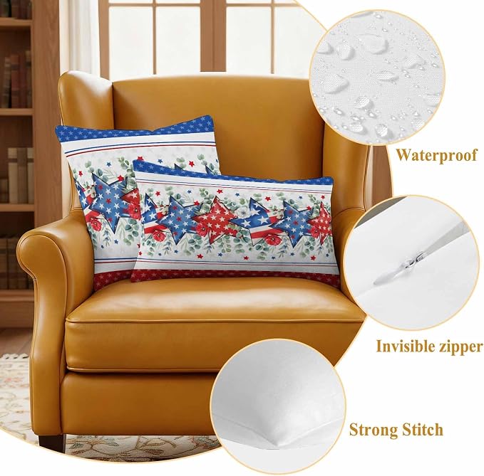 Independence Day Star Outdoor Pillow Covers 26"x26" Set of 2, Waterproof Throw Pillow Covers for Patio Furniture, Farm Red Blue White Star Eucalyptus Leaves Decorative Cushion Covers for Porch