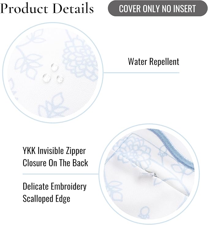 Hofdeco Premium Coastal Patio Indoor Outdoor Scalloped Throw Pillow Cover Only, 20"x20" Water Repellent for Backyard, Couch, Baby Blue Print Dahlia Floral