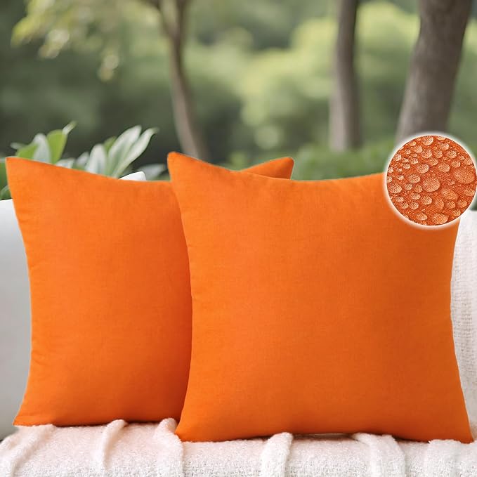 Outdoor Throw Pillows with Inserts, Waterproof Pillows for Outdoor Seating, Square Decorative Garden Cushion for Patio Furniture, Bed, Couch, Sofa (Orange, 20" x 20" (Pack of 2))