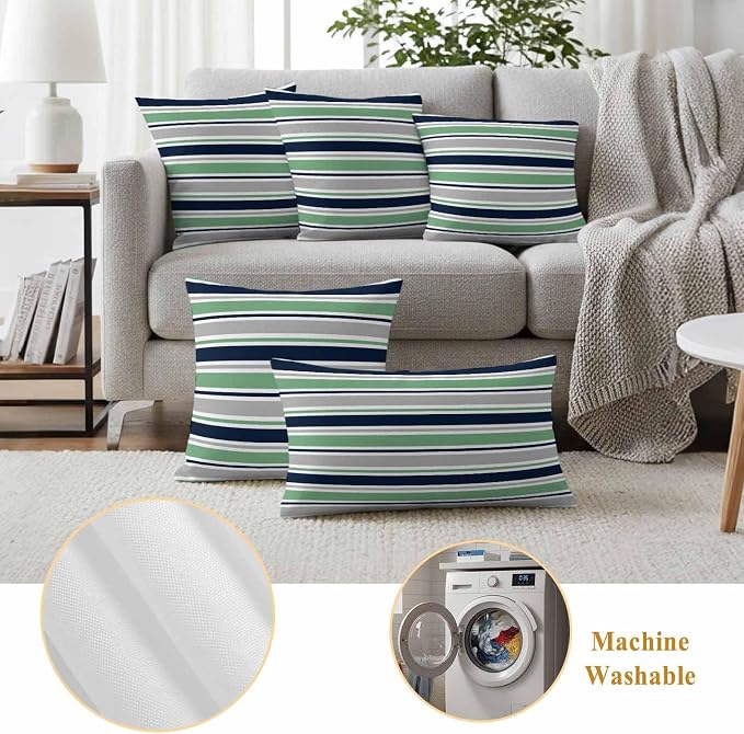Outdoor Pillow Covers 18 x 18 Inches, Green Grey Striped Waterproof Throw Pillow Cover Set of 2, Farmhouse Stripes Modern Abstract Art Decorative Square Cushion Covers for Patio/Couch/Garden