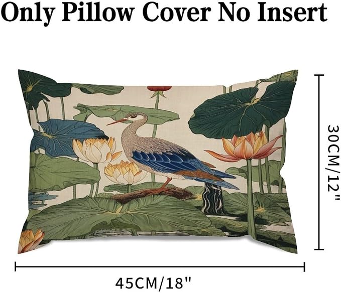 Zipped Pillow Cases for Home Decor Chinese Pond Bird Throw Pillow Cover Set of 2 Farmhouse Cushion Cover Cases for Living Room Club Home Decor 12x18in