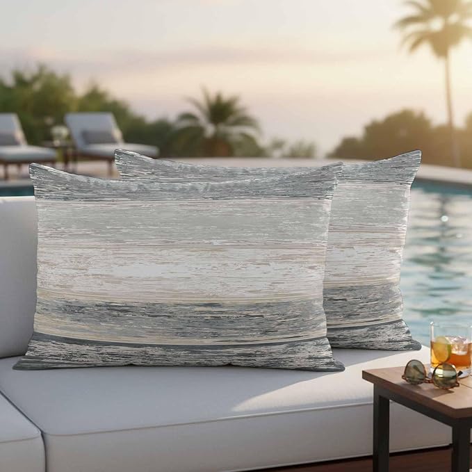 Outdoor Waterproof Throw Pillow Covers, Vintage Black Grey Decorative Pillow Cases, Farmhouse Barn Wooden Striped Couch Pillow Protector Patio Sofa Cushion Covers Replacement 20"x12" 2 Pack