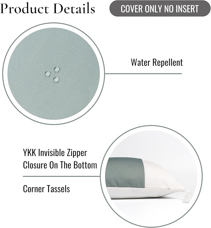 Hofdeco Premium Coastal Grandmillennial Patio Indoor Outdoor Lumbar Pillow Cover Only, 12"x20" Water Repellent for Backyard, Couch, Poolside, Celadon Green Print Color Block