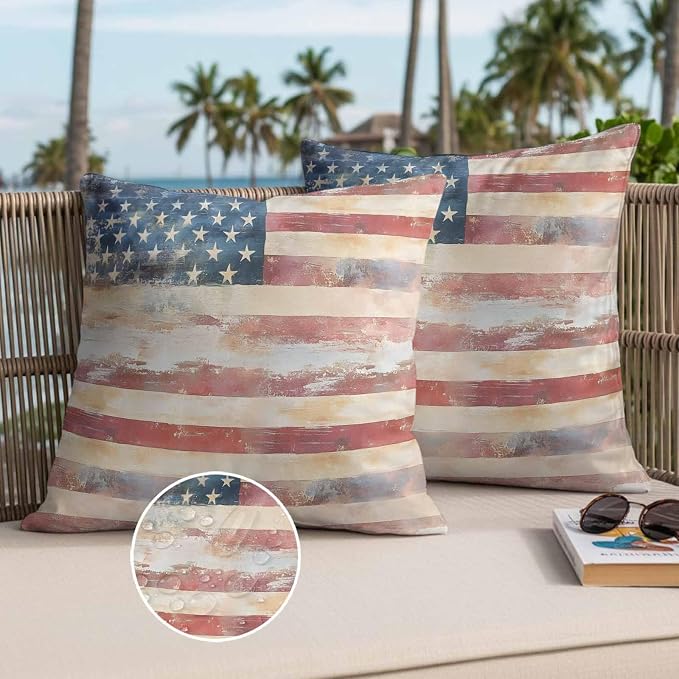 Retro American Flag Outdoor Pillow Covers 26"x26" Set of 2, Independence Day Waterproof Throw Pillow Covers for Patio Furniture, Decorative Cushion Covers for Porch