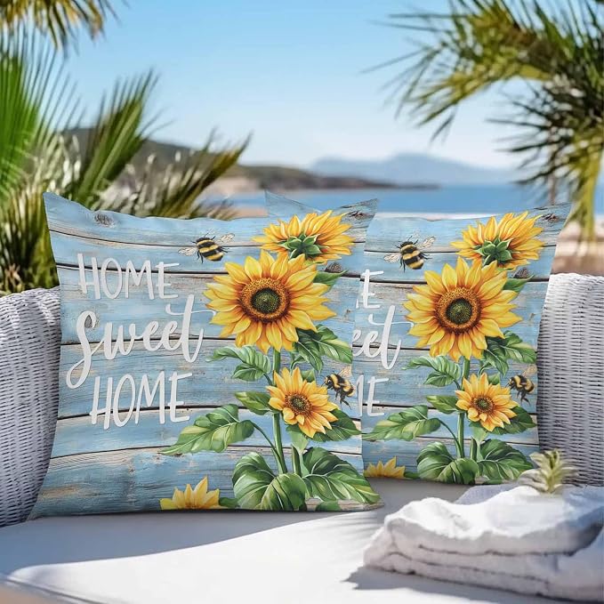 Throw Pillow Covers 16x16 Inch Set of 2, Spring Sunflower Waterproof Outdoor Pillow Covers, Bee Wooden Grain Country Rustic Decorative Cushion Pillowcases for Couch, Sofa, Bed, Garden, Patio